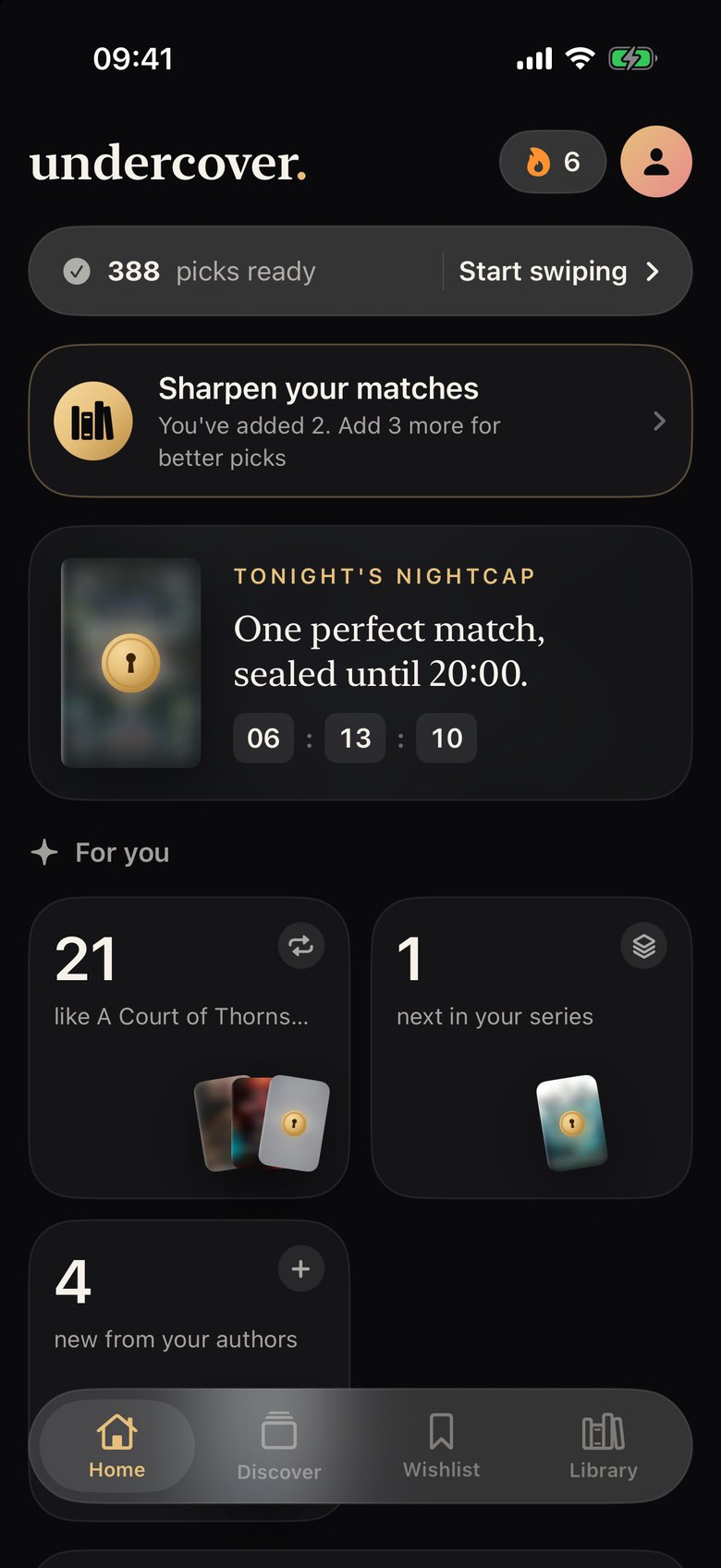 The home screen with tonight's sealed pick