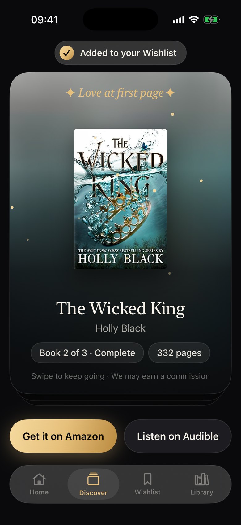 The cover of The Wicked King revealed after a right swipe