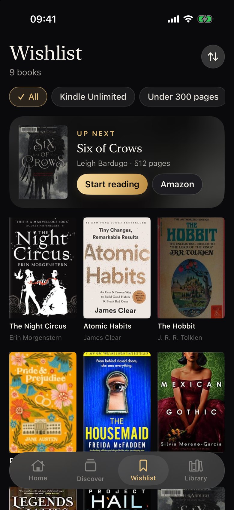 The wishlist with saved book covers